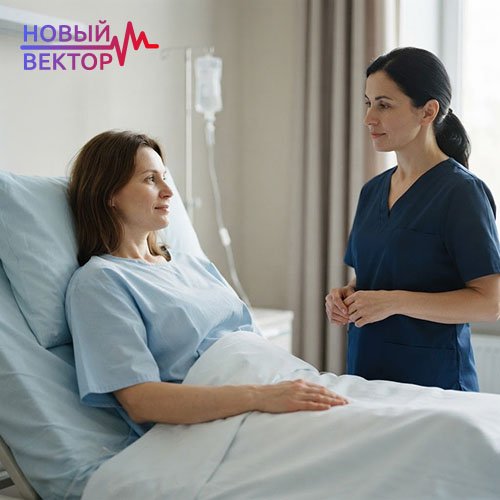 Врач-нарколог наблюдает за состоянием женщины в палате клиники во время проведения капельницы от запоя для восстановления организма после употребления алкоголя